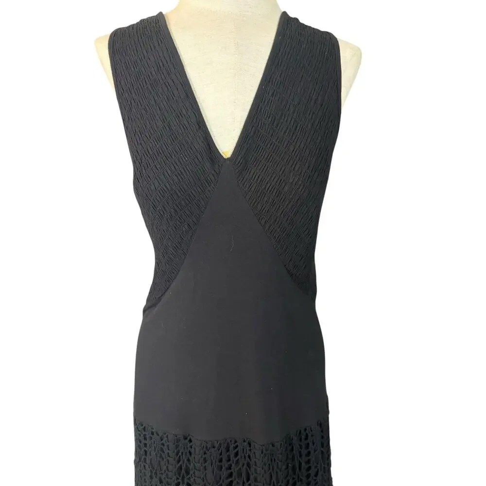 VTG Y2K Black Cotton Boho Maxi Dress Medium Smocked Crochet Knit‎ Slip Casual